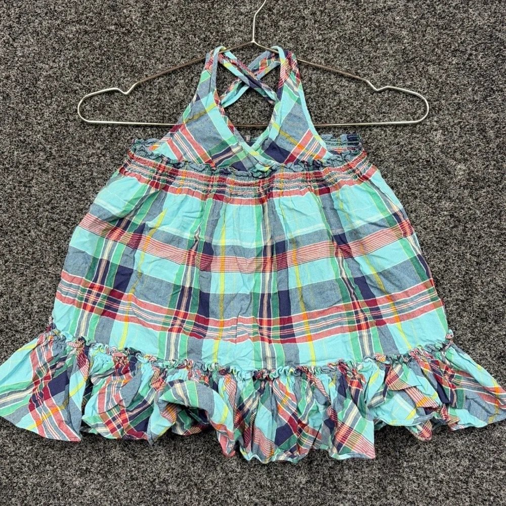 Ralph Lauren Halter Top Girl 24M Blue Plaid Ruffle Cotton Summer Preppy Shirt